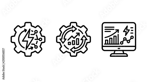 Energy analytics and electrical system optimization icons set with electricity analytics optimization electrical technology automation management dashboard performance innovation monitoring