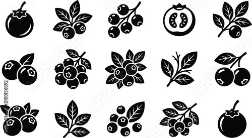 Konstfotografi Black blueberry icons set, 15 berry vector elements with leaves, minimalist fore