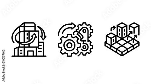 Set of line icons depicting building transformation gear cycle and urban grid expansion with building transformation expansion development planning architecture construction structure strategy