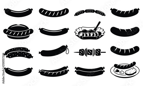 Oktoberfest food icons black silhouette set of sausages bratwurst and traditional german cuisine