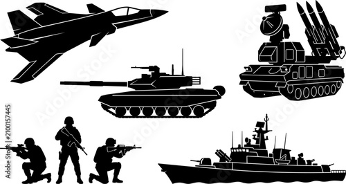 Photography Military and Defense Vehicles Silhouette Icon Set with Jet Fighter Aircraft, Bat