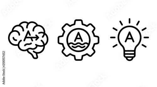 Artificial intelligence concepts linear icons set featuring brain gear and light bulb innovation symbols intelligence innovation technology development thinking creativity learning automation