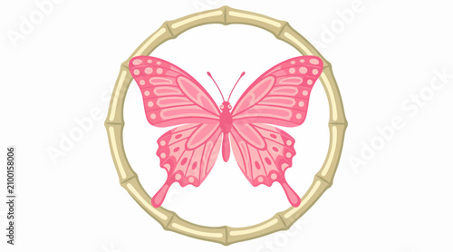 Pink Butterfly Emblem on Bamboo Circle | Delicate Nature Symbol