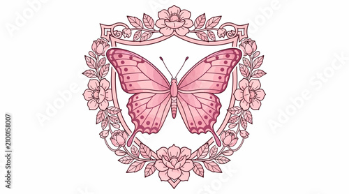 Pink Butterfly Emblem with Floral Wreath, Elegant Crest Design