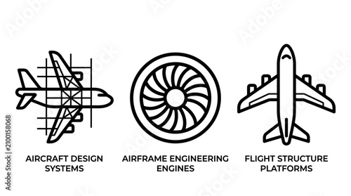Aircraft design engineering systems and flight structure platforms icons with aircraft engineering aviation airplane aerospace structure technology technical industry mechanical drafting