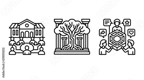 Community and corporate icon set depicting social gathering organizational heritage team feedback engagement community gathering organization heritage feedback business corporate