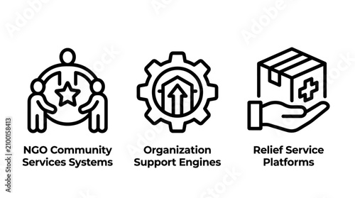 Non-profit community service and relief support icons with community organization humanitarian volunteer donation business logistics collection interface partnership collaboration nonprofit