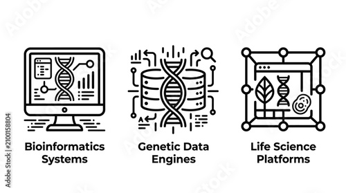 Set of bio-tech science icons for bioinformatics and life science systems with bioinformatics biotechnology genetics research laboratory technology analysis molecular software computing