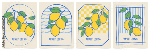 Hand drawn Mediterranean style lemon posters with decorative frames, geometric patterns and botanical illustrations. Vector collection for wall art, prints, stationery and home decor.