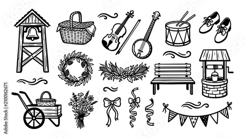Obraz na plátně Rustic country life vector illustration set with hand drawn vintage elements inc