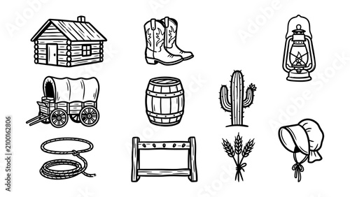 Foto Wild West and pioneer life vector icon set featuring log cabin cowboy boots cove
