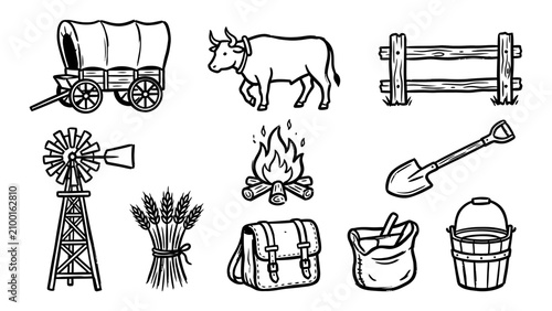 Obraz na płótnie Hand drawn western pioneer and farming vector icon set featuring covered wagon o