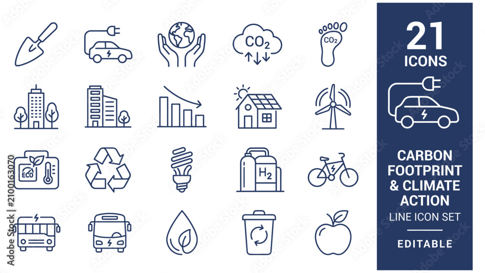 Fototapeta premium Carbon Footprint and Climate Action Outline Icon Set with 21 Editable Line Icons