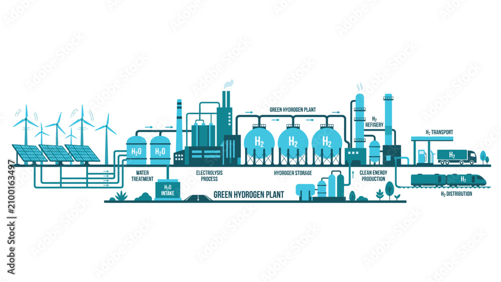 Fototapeta premium Green Hydrogen Production Plant and Renewable Energy Refinery Vector Silhouette
