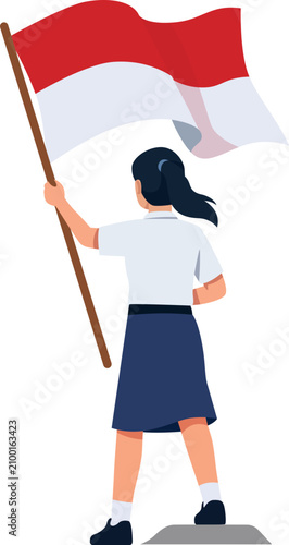 school girl with flag indonesia