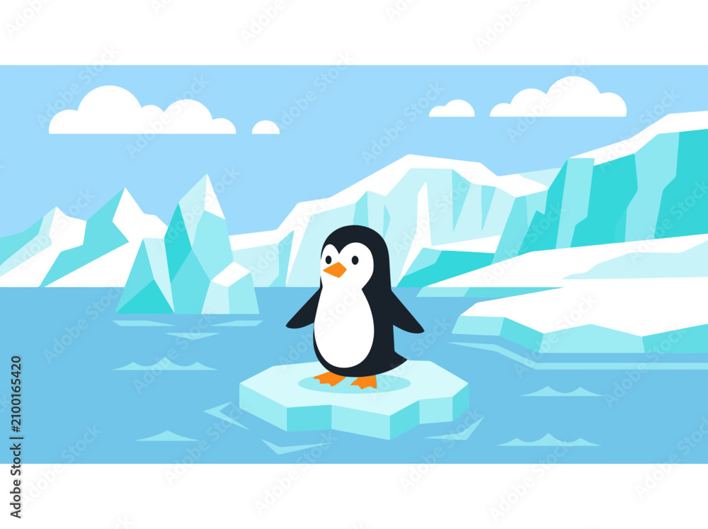 Obraz premium A cute cartoon penguin standing on a small floating ice floe in the ocean.