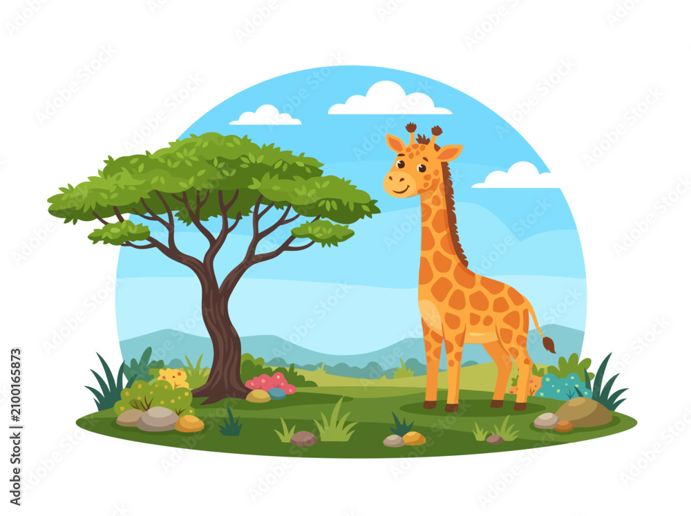 Obraz premium A friendly cartoon giraffe standing gracefully in a vibrant savanna landscape.