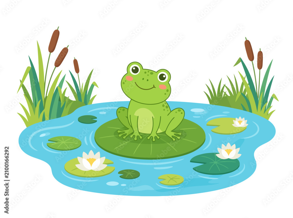 Fototapeta premium A cute green cartoon frog sitting peacefully on a large lily pad in a pond.