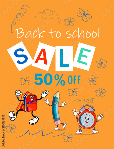 Back to School Sale Banner with Groovy , Cute School Characters and 50 Percent Discount 