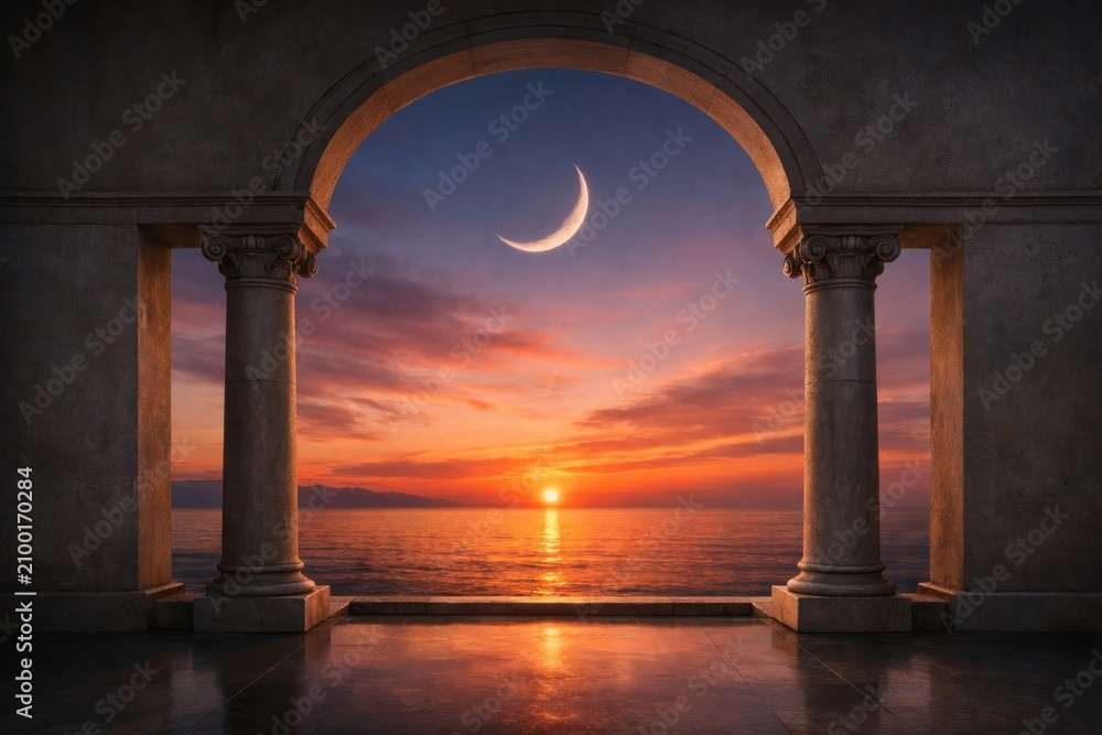 Obraz premium Serene sunset through ancient archway.