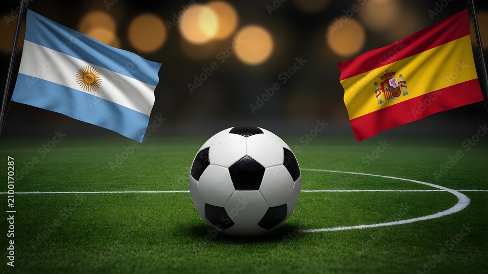 Naklejka premium Soccer ball on green grass pitch with national flags of argentina and spain in background