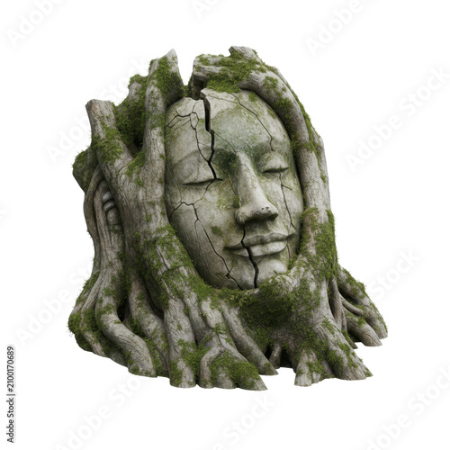 Ancient Stone Face Sculpture Entwined with Mossy Tree Roots
