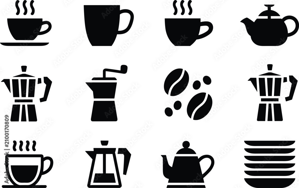 Obraz premium Coffee and tea brewing icons set featuring hot beverage cups moka pot french press coffee beans grinder kettle teapot and stacked plates silhouettes.