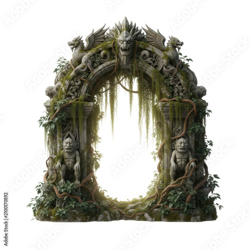 Ancient Stone Archway with Gargoyles and Overgrown Vines