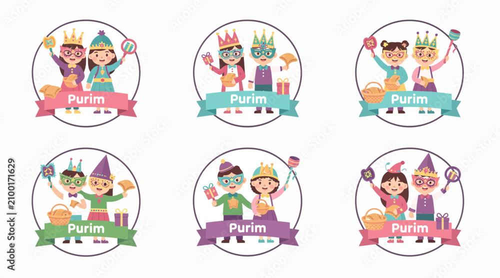 Fototapeta premium Purim festival cartoon characters with crown