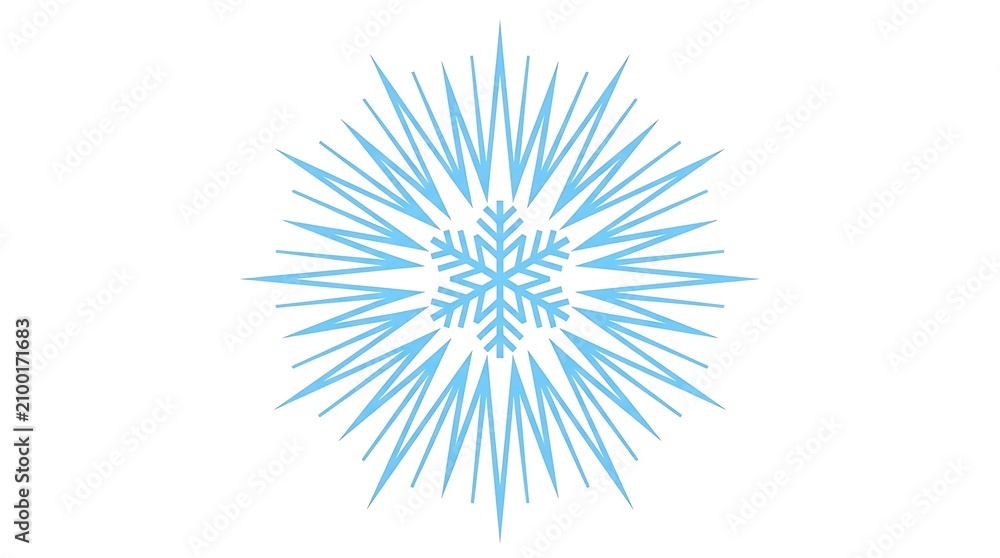Fototapeta premium Minimalist blue snowflake starburst graphic illustration for winter holiday season designs featuring sharp geometric lines with geometric starburst pattern radiating outward