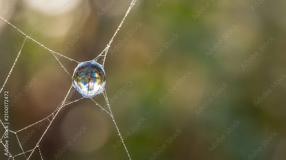 Obraz premium Dew drop with rainbow reflection on a delicate spider web