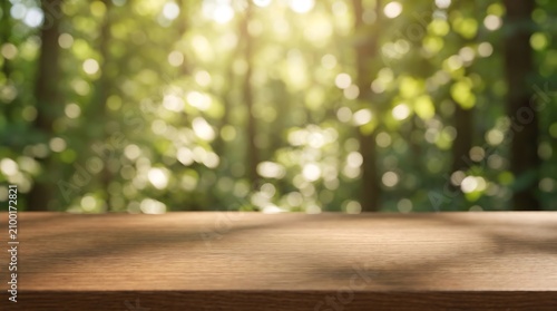 Empty Wood Table in Blurred Forest Background with Natural Sunlight Bokeh for Organic Product Display and Mockup Use.