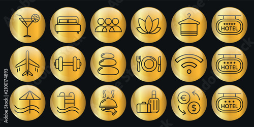 Luxury travel 3d icons set, golden hotel highlight , gold circle with black line element, sticker, glass button. Vector EPS10