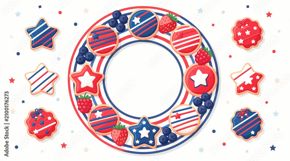 Obraz premium Patriotic Cookies Wreath & Stars, Berries, Independence Day Holiday Celebration