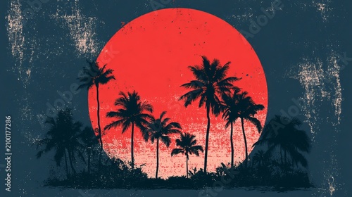 T-shirts with tropical beach designs and grunge effects. Vintage sunset graphics feature palm trees.