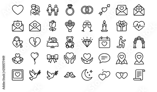 Minimal Romantic Love Outline Icons Collection for Valentine Wedding and Relationship Design