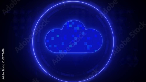 A digital cloud icon glows inside a neon circle on screen. This digital cloud represents global web hosting and servers. Enhance IT presentations with this digital cloud.