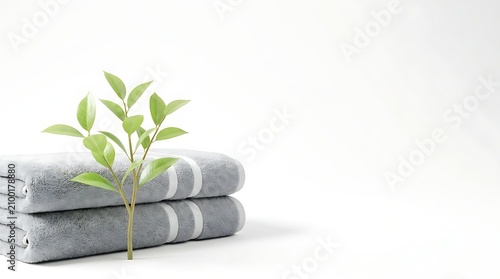 Sustainable growth concept: green plant sprouting from stack of grey towels