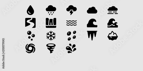 Quadro su tela Icon set collection of weather, water, climate, and storm elements, including rain, waves, ice, and atmospheric phenomena for environmental graphics
