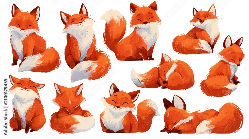 Fototapeta premium Foxes are shown in many different positions. This set of drawings features foxes all by themselves on a white background.