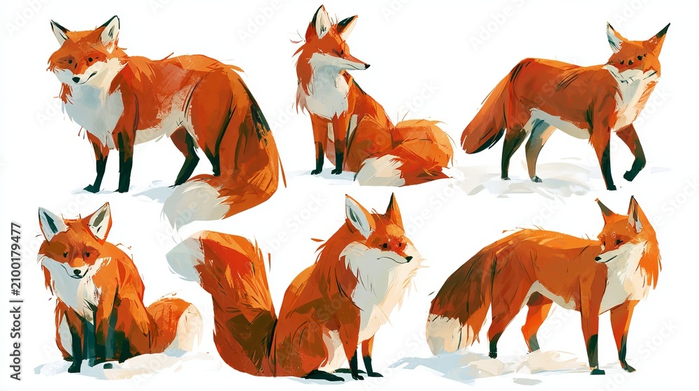 Fototapeta premium Foxes are shown in many different positions. This set of drawings features foxes all by themselves on a white background.