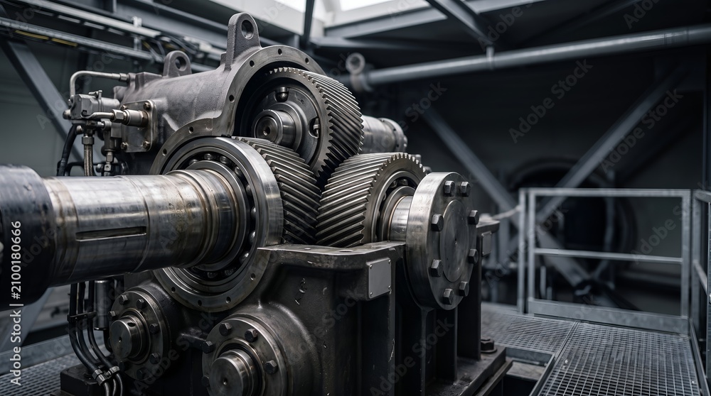 Fototapeta premium Industrial gearbox with large steel gears inside a factory machine room