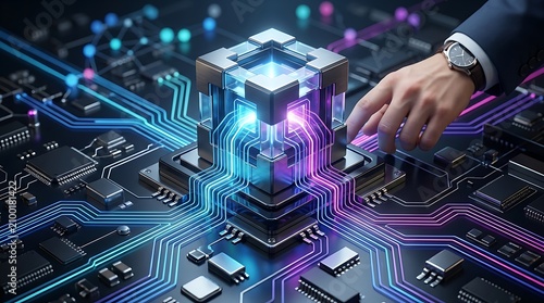 Business executive interacting with glowing quantum computing core and circuit board