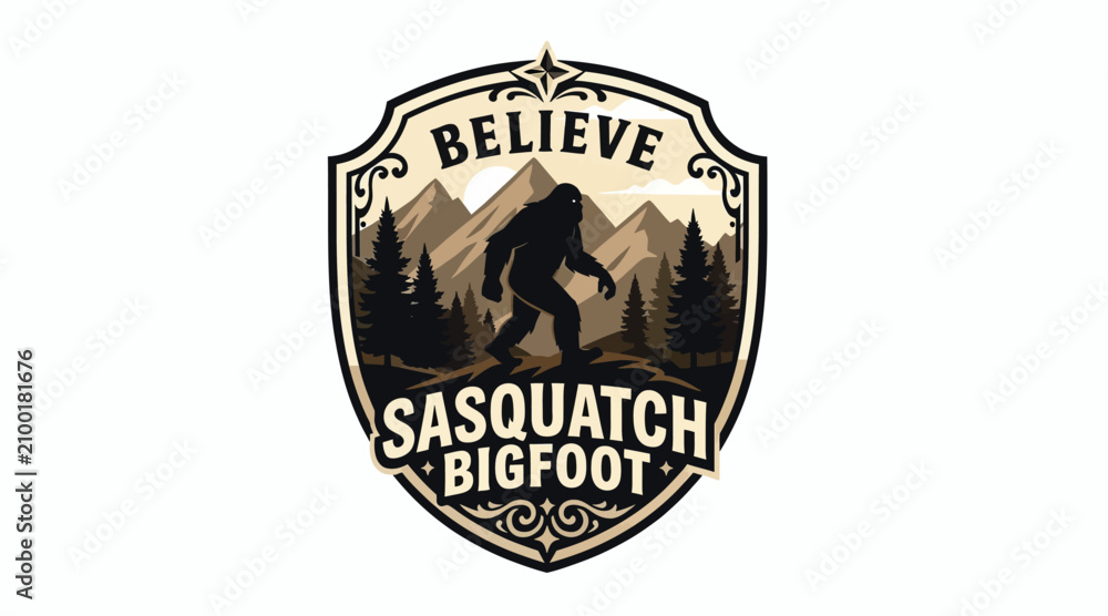 Fototapeta premium Sasquatch bigfoot emblem with believe text