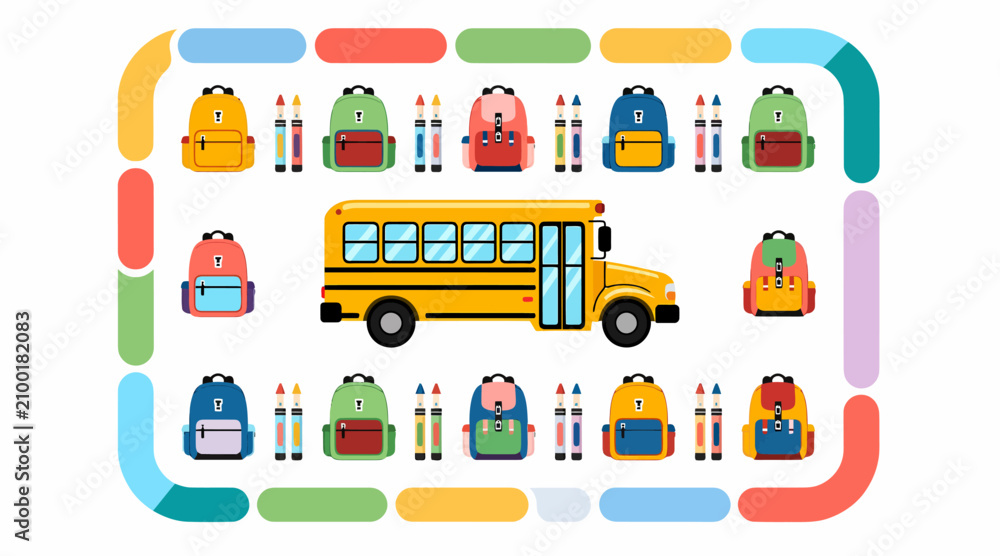 Fototapeta premium School bus and backpacks, colorful illustration for back to school themes