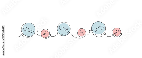 Continuous line drawing of pills with blue and pink colors. Hand drawn vector illustration. Perfect for health blog, World Health Day or World Pharmacists Day.