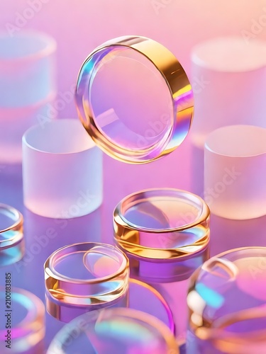 3D Iridescent Holographic Glass Circles and Frosted Cylinders 