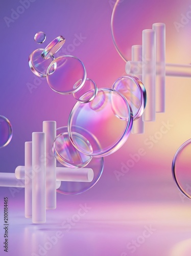 3D Iridescent Holographic Glass Circles and Frosted Cylinders 