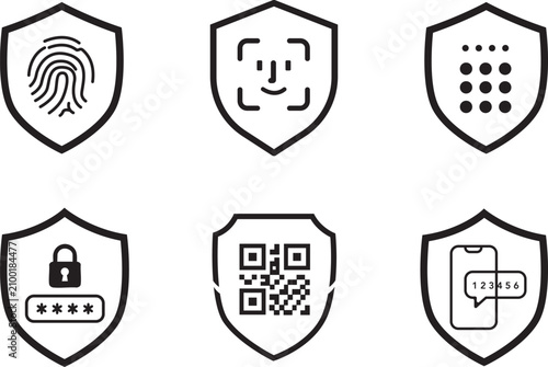 Fotografie Authentication Security Shield Icons Set - Fingerprint, Face ID, PIN, Password,
