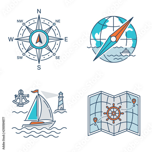 Nautical Navigation and Travel Illustration Set.